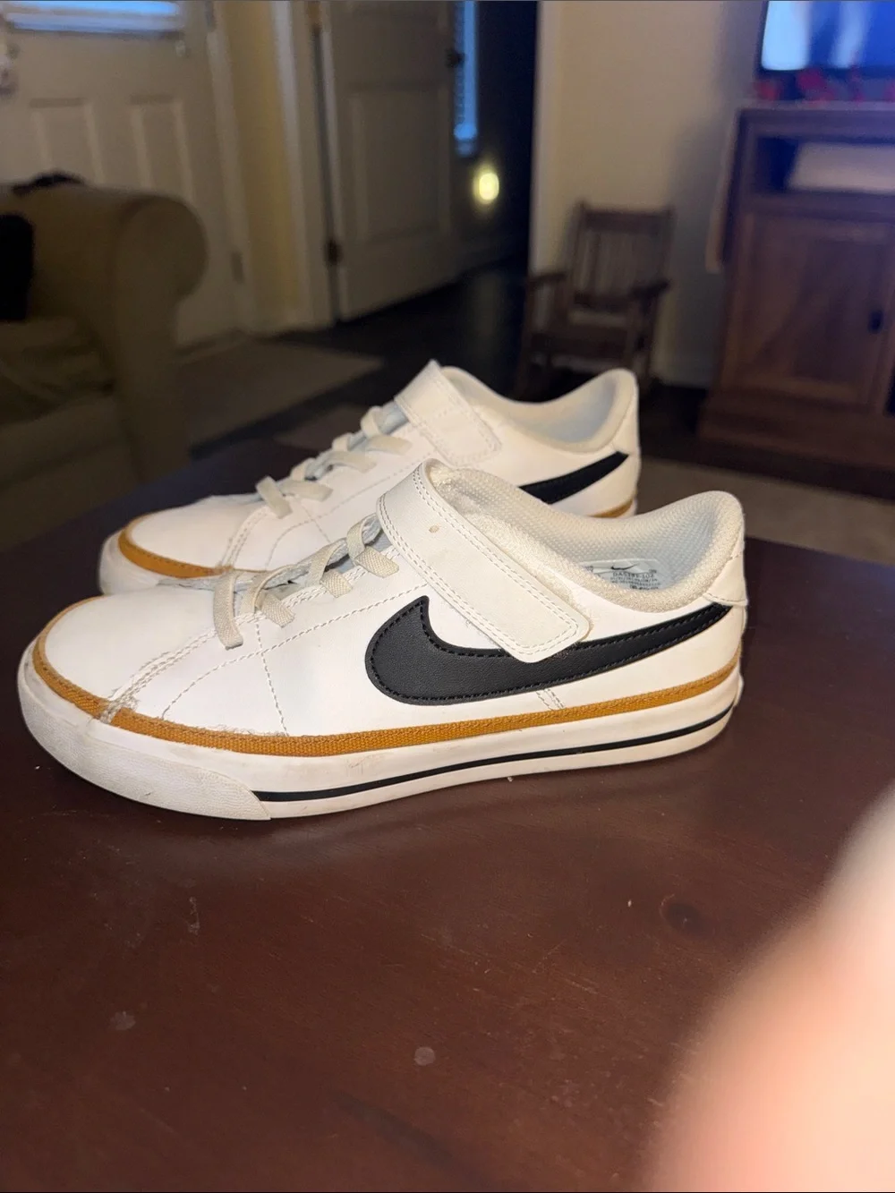 Nike White Sneakers with Black Swoosh and Tan Trim